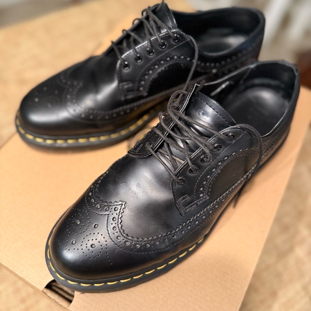Dr. Martens Black Brogue Shoes with Yellow Stitch